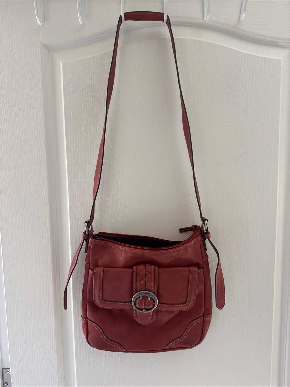 Chaps Red Leather Shoulder Bag with Front Buckle Pocket